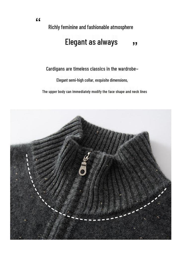 2025 A/W Women's Cashmere Stand Collar Cardigan, Golden Bean Yarn, Double Zipper, Thick Knit with Pockets.