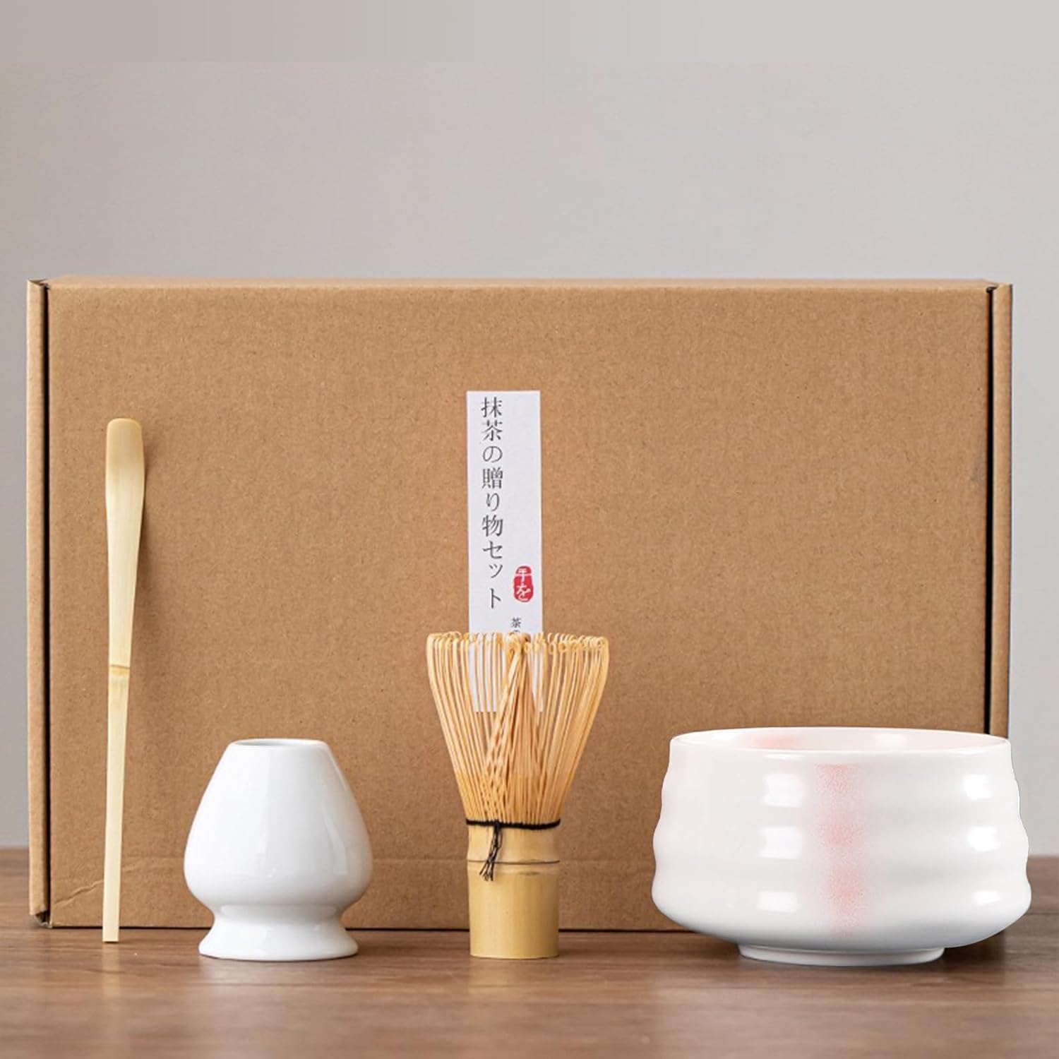 Matcha set 4-piece beginners tea ceremony bowl chasen holder scoop. Easy authentic supervised artisans home use gifts. (A)