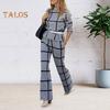 2 pezzi/set pantaloni da donna, top e pantaloni, colletto alto, stampa scozzese, maniche lunghe, camicetta ampia, pantaloni larghi a vita alta elastici con tasche, OL