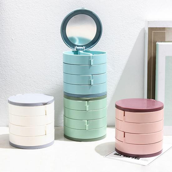 קופסת אחסון לתכשיטים פלסטיק רב-שכבתית אטומה לאבק עמידה בפני לחות סיבוב 360 מעלות מארגן תכשיטים עם מראה מובנה