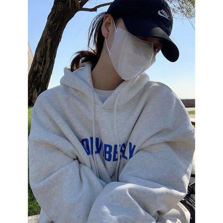 Women Vintage Oversize Grey Hoodie Sweatshirt Casual Streetwear Long Sleeve Letter Print Warm Baggy Clothing