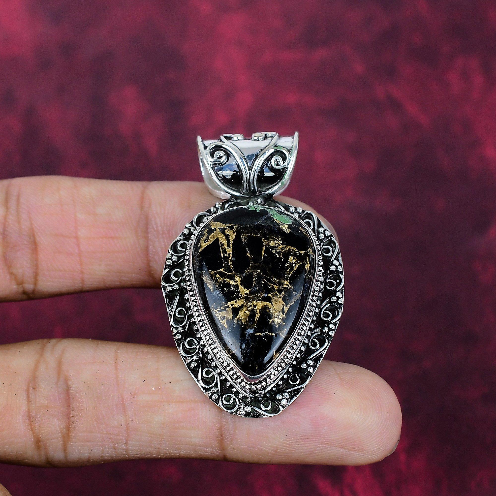 

Медный кулон с черным турмалином ручной работы, кулон из стерлингового серебра 925 пробы, подарок для интроверта 2.04 Inches