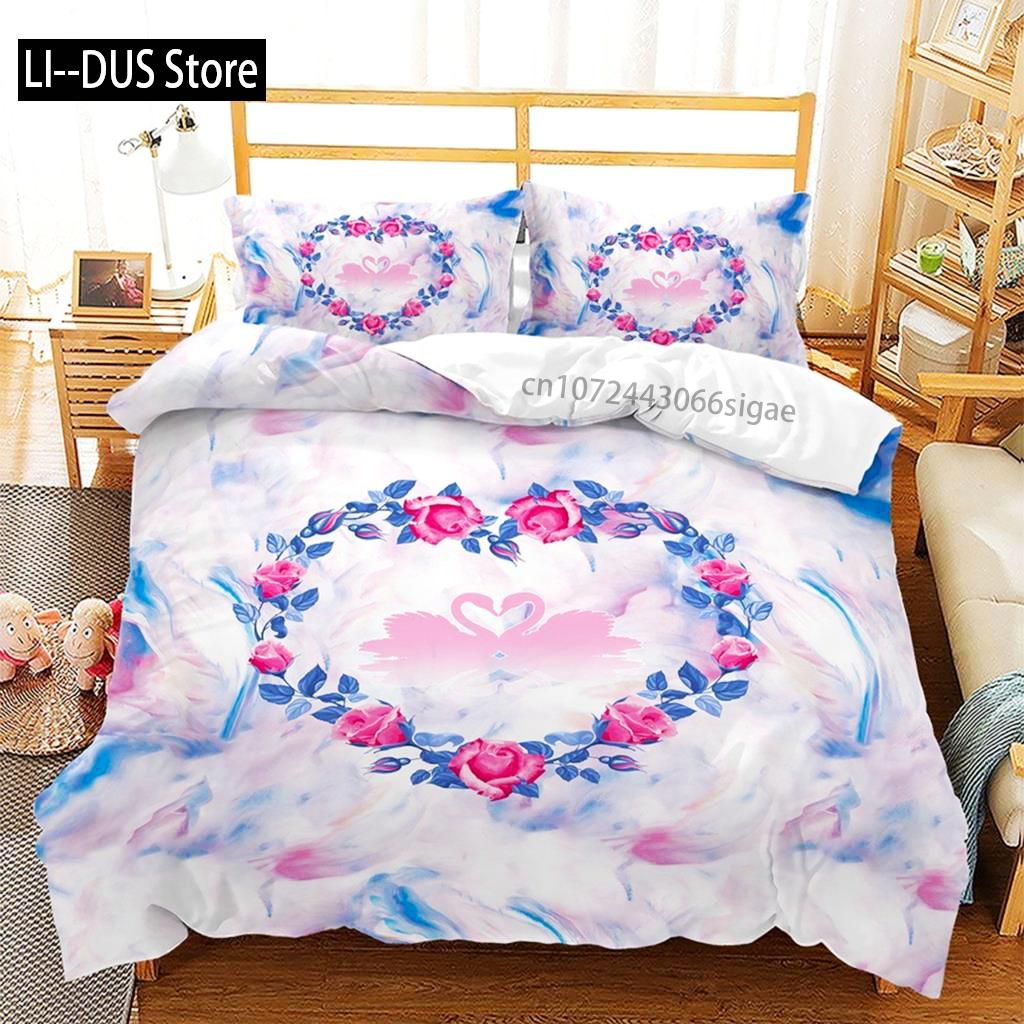 Pink Valentine's Day Love Heart Name Bedding Sets Single Double Size Fashion Flower Rose Duvet Cover For Bedroom Decorations