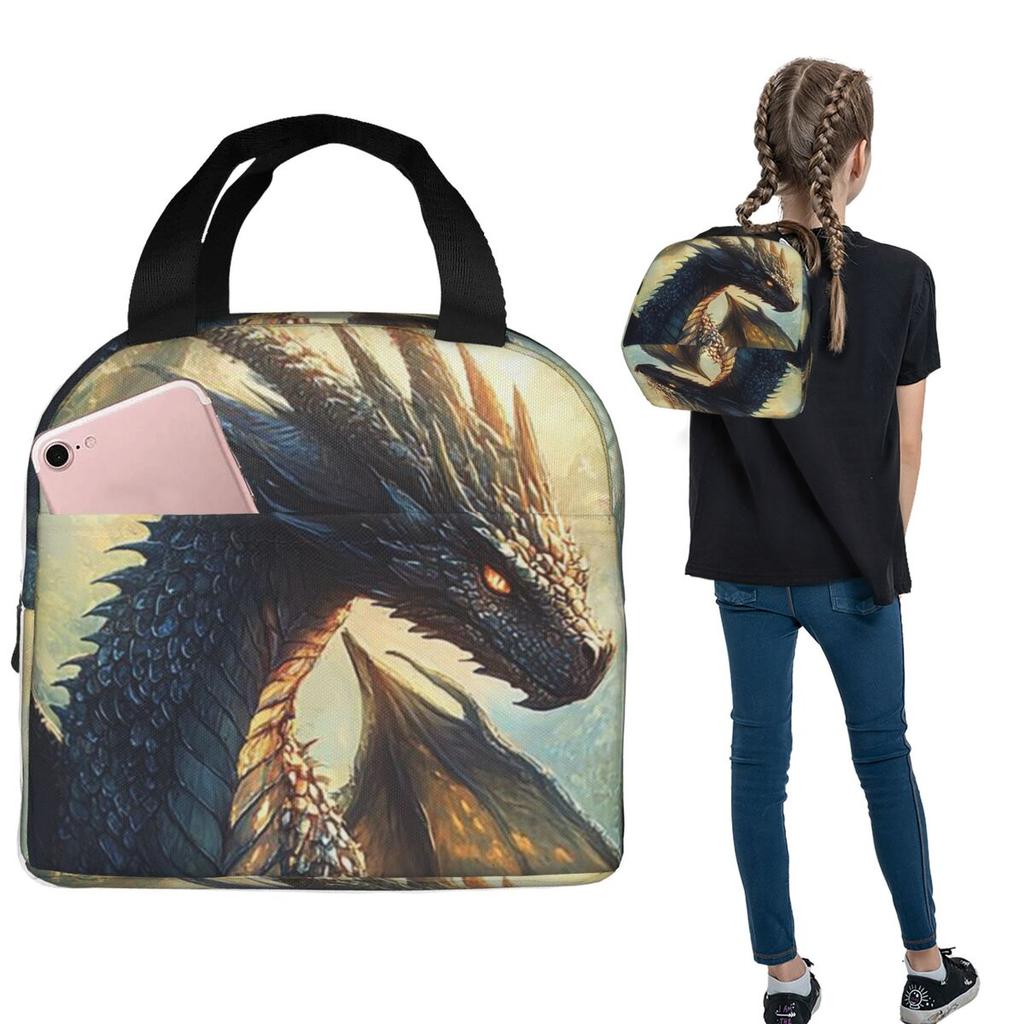 Green Dragon In The Forest Insulated Lunch Bag for Women Children Portable Food Boxes Thermal Lunch Box Tote