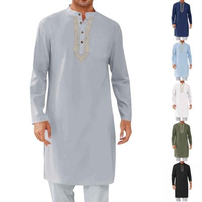 Mens Kaftan Thobe Button Down Casual  Shirts Long Sleeve Robe Cotton Linen Muslim Gown Shirt