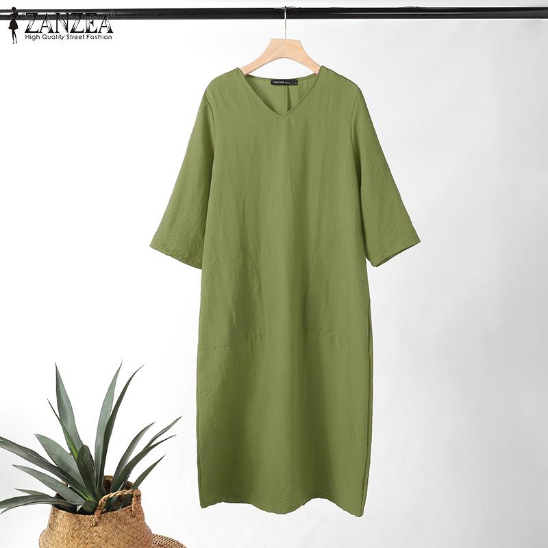 

ZANZEA Women Casual V-neck Solid Color 3/4 Sleeve Dress