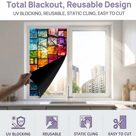 Static Cling Window Film, Full Blackout, Colorful Geometric Privacy UV Blocking, Reusable Heat Insulation Window Sticker for Home Office