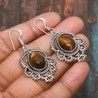 Beautiful Tiger Eye Gemstone Handmade Jewelry 925 Sterling Silver Earring