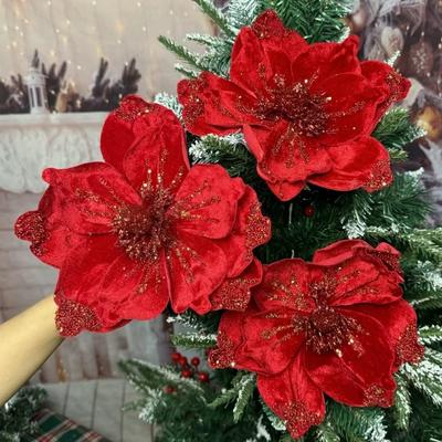 1/10 pièce Fleurs Artificielles Pailletées Noël Poinsettia Rouge Ornement Arbre de Noël Magnolia Simulé Décoration Fête de Mariage Fausse Fleur