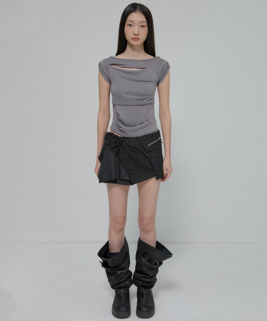 Peulleeoeob Asymmetrical Layered Mini Skirt (Fl-267_Black)