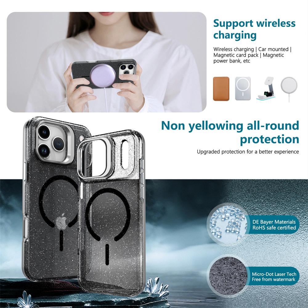 Luxury Bling Glitter For Magsafe Magnetic Case for iPhone 17 Air 17 Pro Max 16 Plus 15 14 13 12 11 Metal Lens Stand Clear Cover