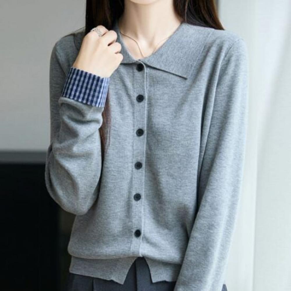 Navava Casual Check Point Collar Long Sleeve Knit Cardigan Nk3590