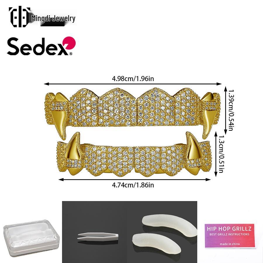 Grillz din Cupru Placat cu Aur Real de 14K și Zirconiu – Halloween Hip Hop Exagerat Rap Bijuterii pentru Dinți cu Diamante