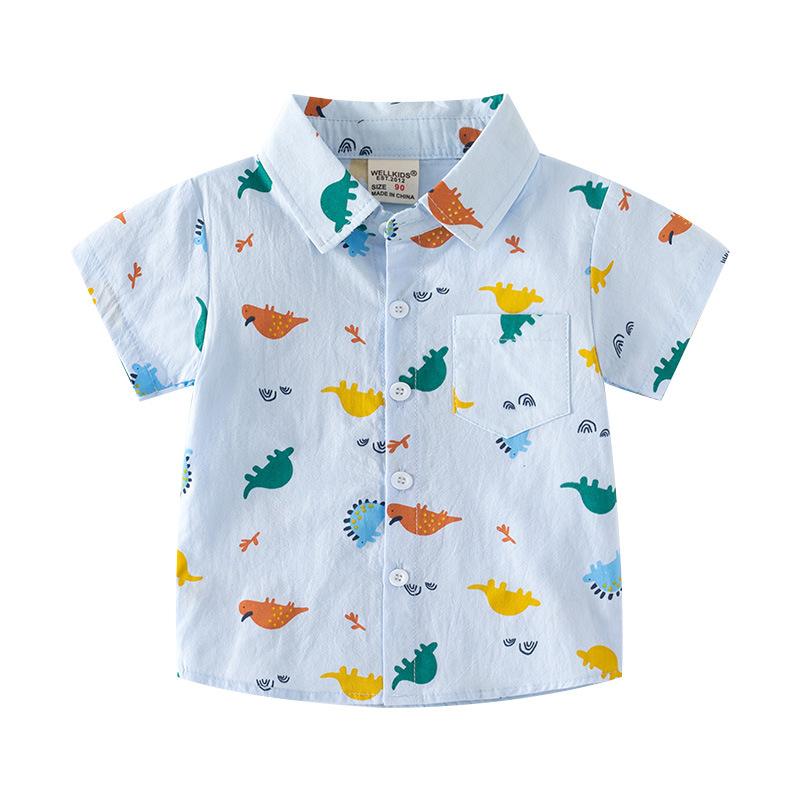 Boys Cartoon Print Shirt Short Sleeve Cotton Button Down Collared Top Moisture Wicking Casual Summer Clothing for Toddler and Kids