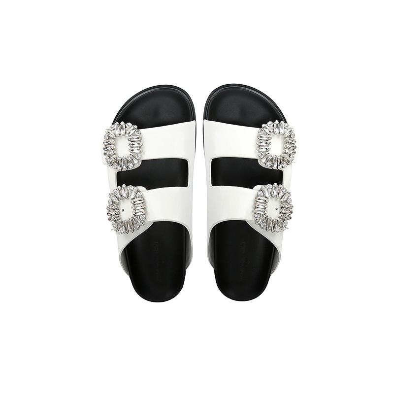 Second hair! Su Yinyin's same shoes square buckle rhinestone leather double belt casual platform slippers women's sandals outside