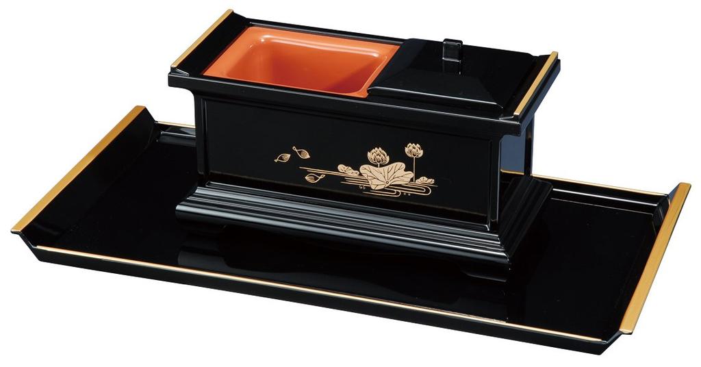 Incense burning tray set, 7.0 inch, black (gold rim), lotus design, large, 4720002