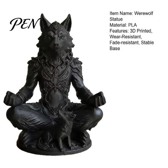 Meditation Figurine 3D Printed Gothic Werewolf Statue, Zen Beast Warrior Sculpture with Round Frosted Paint Statue Base, Matte Black Fantasy
