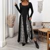 Rochie Nouă 2025 cu Stil Retro Elegant și Elegant Guler Pătrat Mânecă Lungă Imprimeu Leopard Îmbinare Fustă Lungă