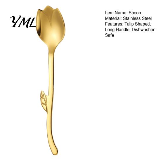 Glossy Metal Cutlery Tulip Shaped Stainless Steel Spoon, Long Handle Coffee Ice Cream 304 Spoon Dessert Serving with Hanging Hook, Kitchen Flatware