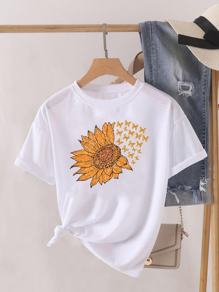 Kwiatek Słodki Trend lat 90. Uroczy Krótki Rękaw Nadruk Moda Graficzny T-shirt Kobiety Top Pani Damska Koszulka Tee Okrągły Dekolt Odzież Ubrania