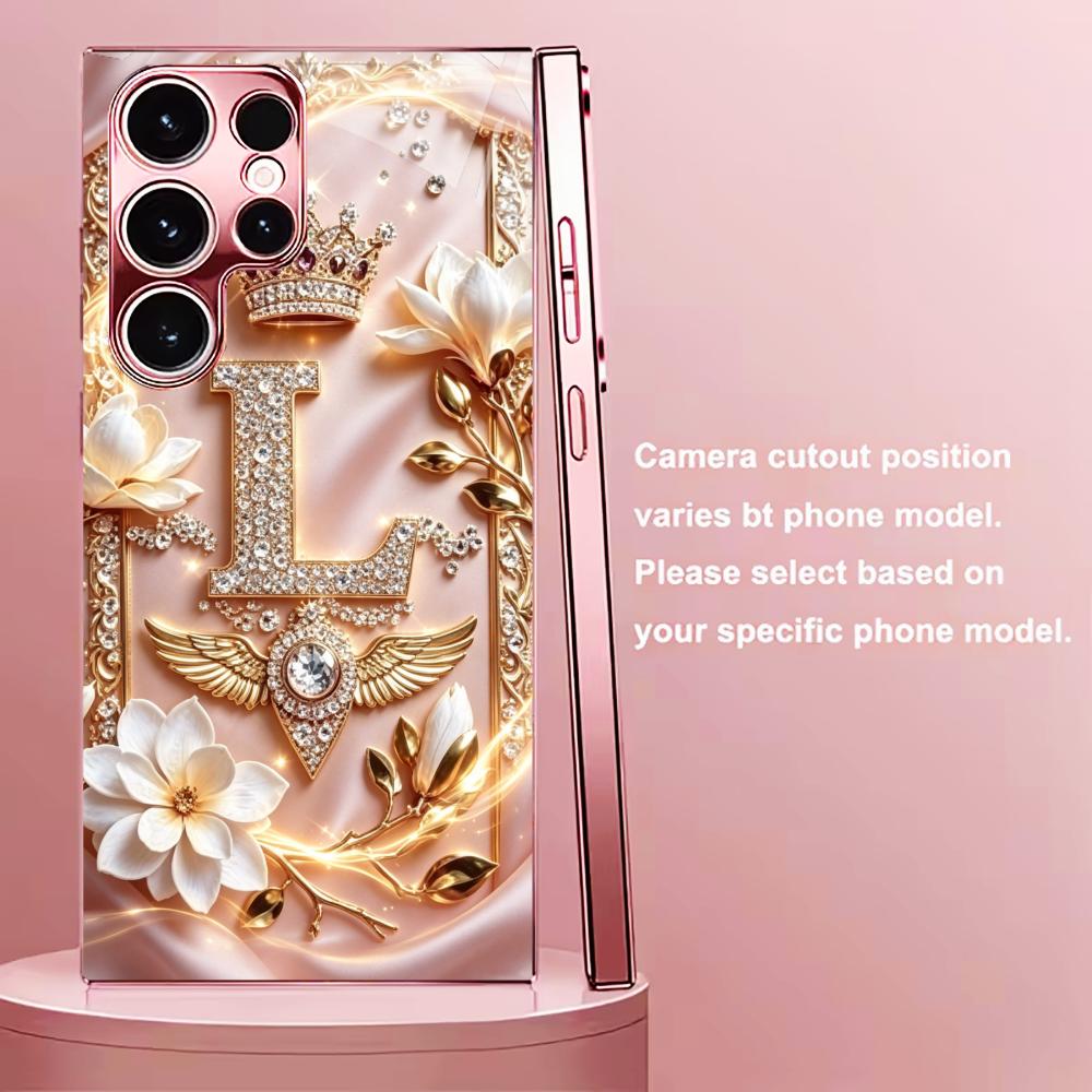 Diamond Letter L Crown phone case s26 ultra case quad lock glass for Samsung Galaxy S26 S25 S24 S23 S22 FE,Ultra,Plus