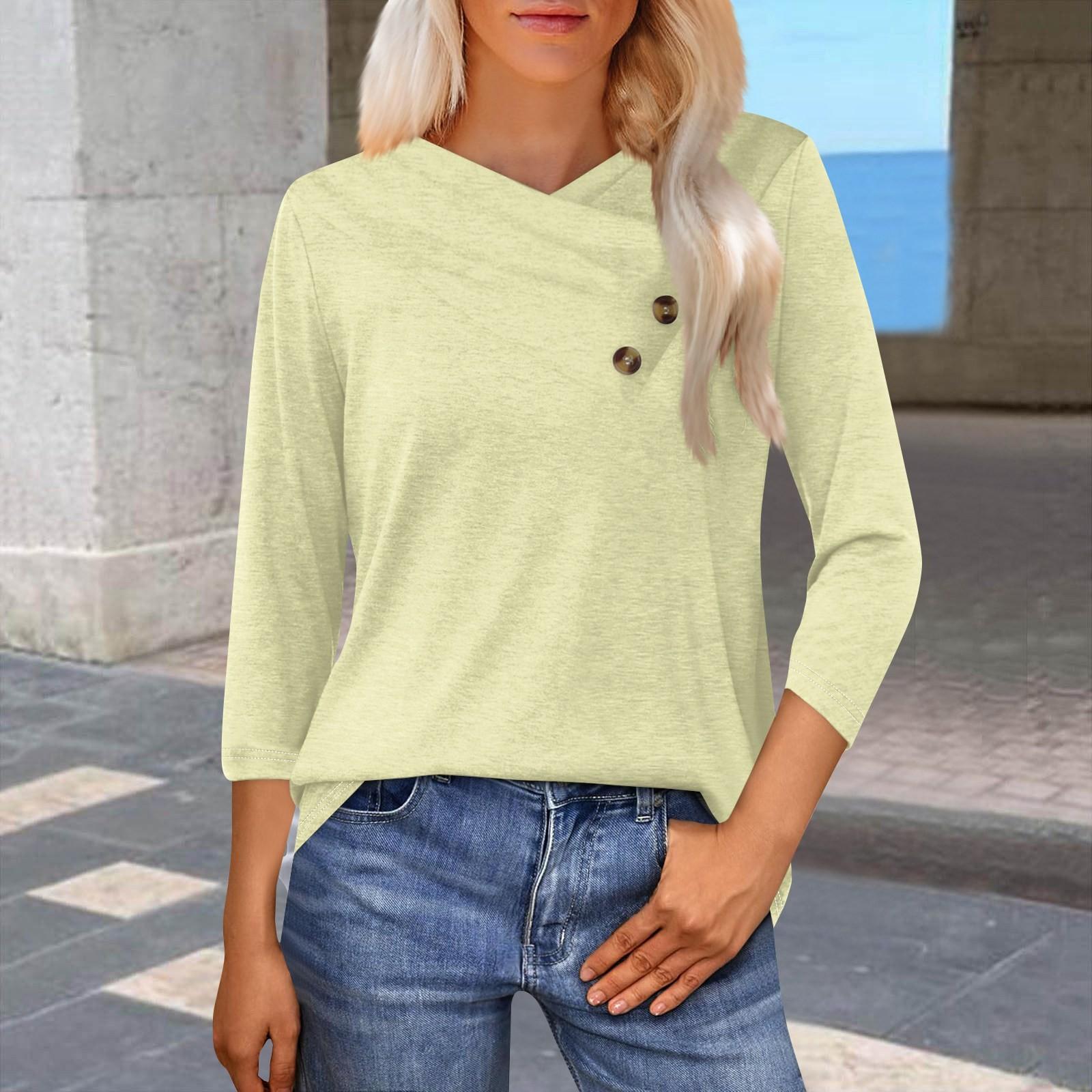 

Женская модная повседневная однотонная футболка с принтом, рукавами-семью, V-образным вырезом и застежкой на пуговицы XL жёлтый