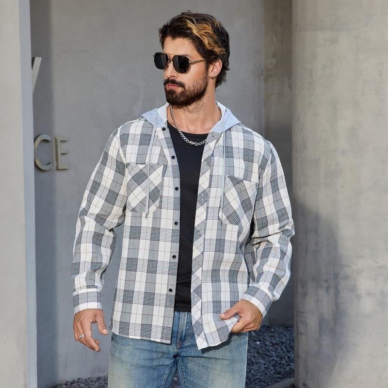 Men's Button Up Shirts With Hooded Long Sleeve Casual Vintage Soft Plaid with Pocket Slim-Fit Cowboy Work Shirts Breathable Hoodie Shirts for Men