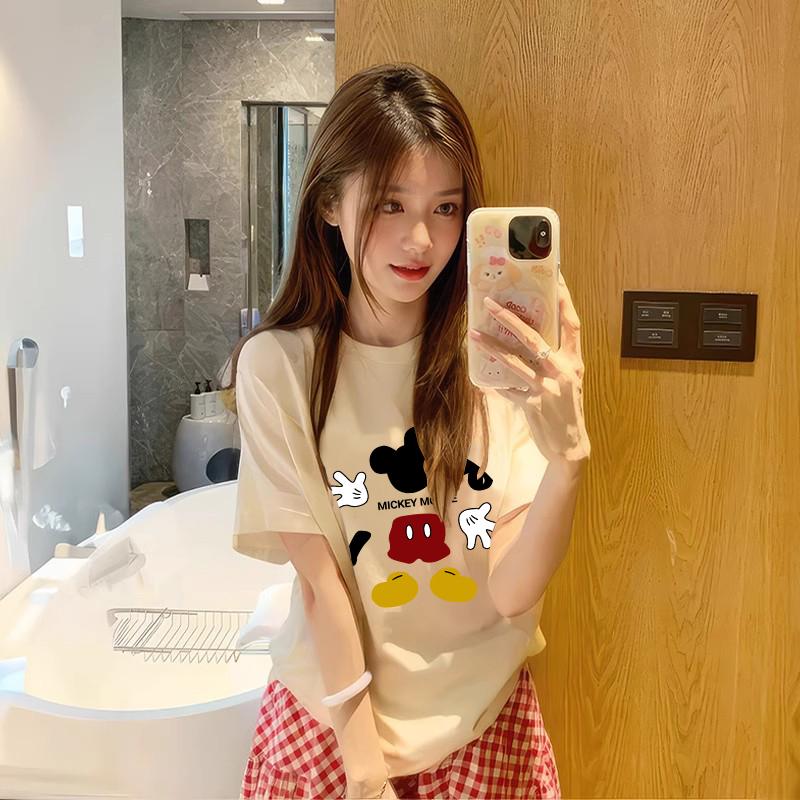 White foreign style age-reducing Mickey print short-sleeved t-shirt women's 2025 new summer loose pure cotton European half-sleeved top