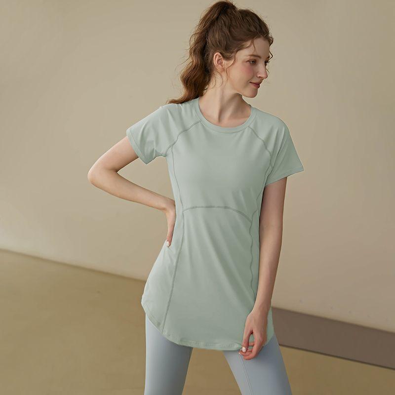 Sommer Modisch Einfarbig Rundhals Damen Slim Fit Lauf-T-Shirt Yoga Lang Geschnitten Hüftbedeckendes Workout-Top