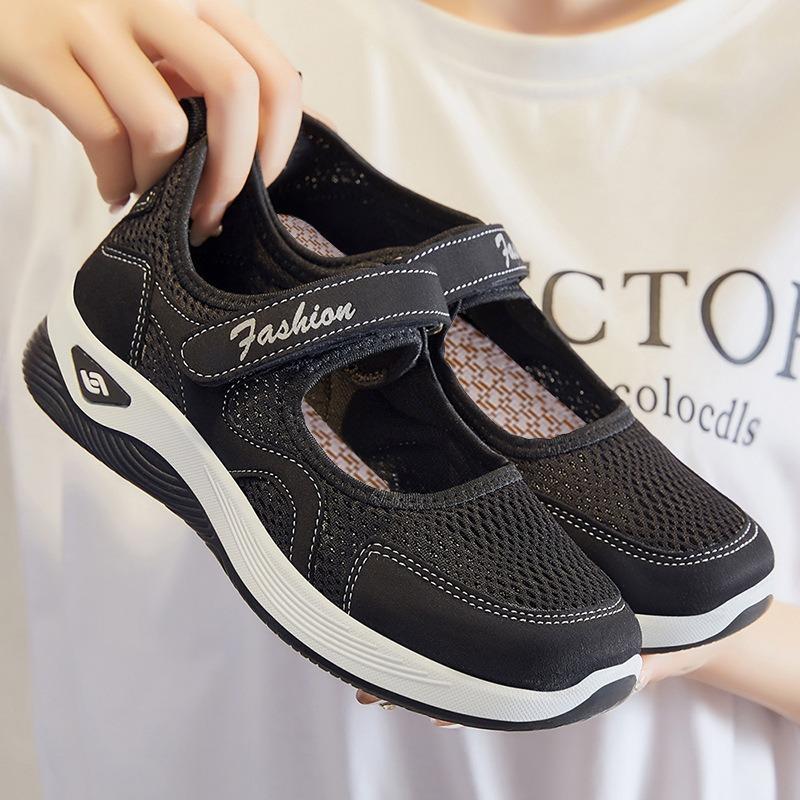 Women's Shoes New Velcro Casual Shoes Hollow Mesh Walking Shoes Breathable and Comfortable Single Shoes