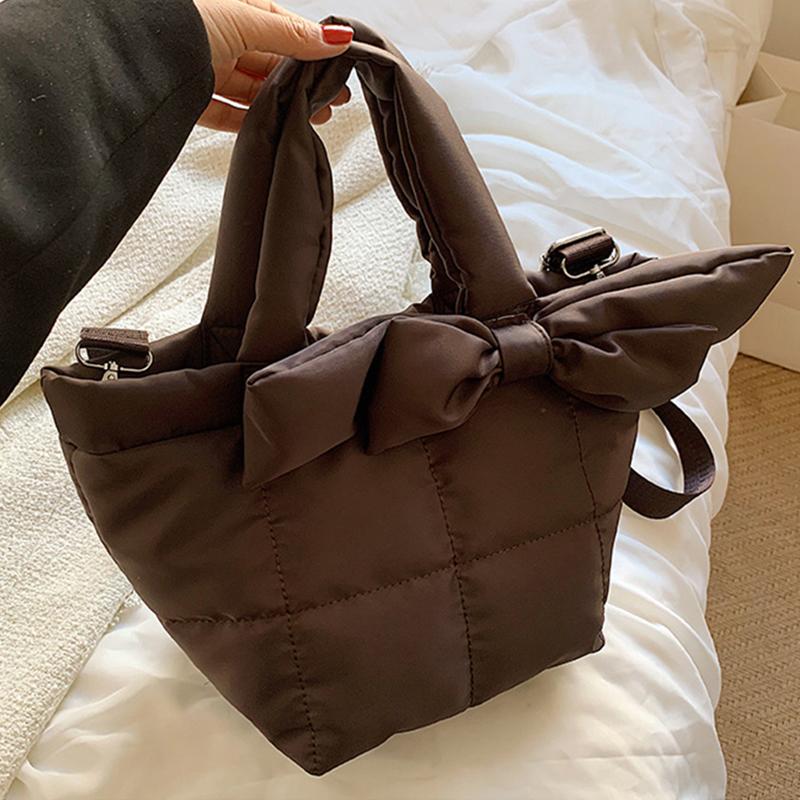 Сумка с бантом, женская сумка через плечо большой вместимости, модная сумка-мессенджер на пуху, портативная сумка-тоут, роскошный кошелек коричневый