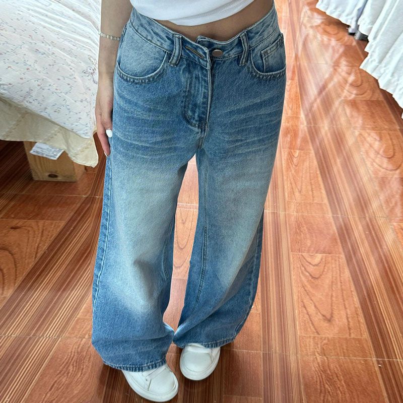 Comfortable Nostalgia Large Size Washed Crease Wide Leg Jeans Women High-waisted Loose Straight Milled White Trailing Floor Trousers Long Denim Pants