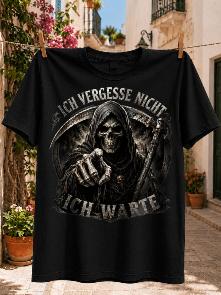 Dark Graphic with Hooded Grim Reaper Pointing and German Ich Vergesse Nicht Ich Warte Gothic Tee Unisex All T-Shirt