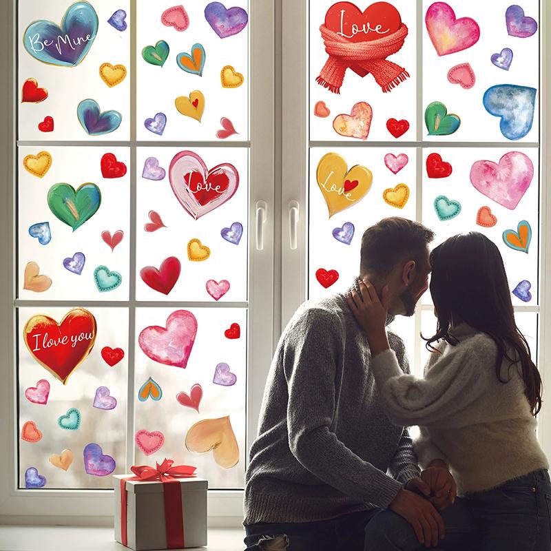 9Pcs 20X30Cm Valentine'S Day Window Stickers Cute Watercolor Red Heart Pattern Electrostatic Sticker Wedding Party Home Decor