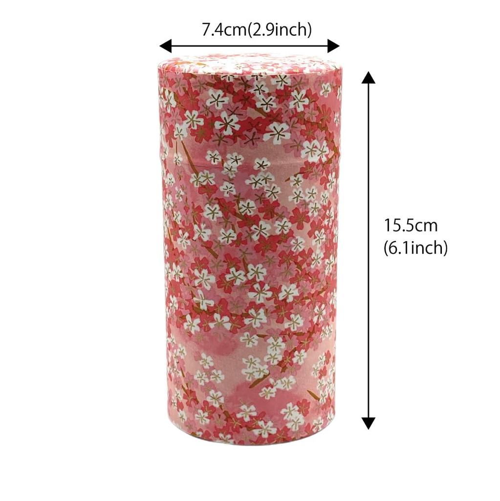 Noguchi Kumataro Tea Garden Tea Caddy, Large Capacity 200g, Yuzen Washi Paper with Inner Lid, Cherry Blossom Pink, Made In Japan, Stylish