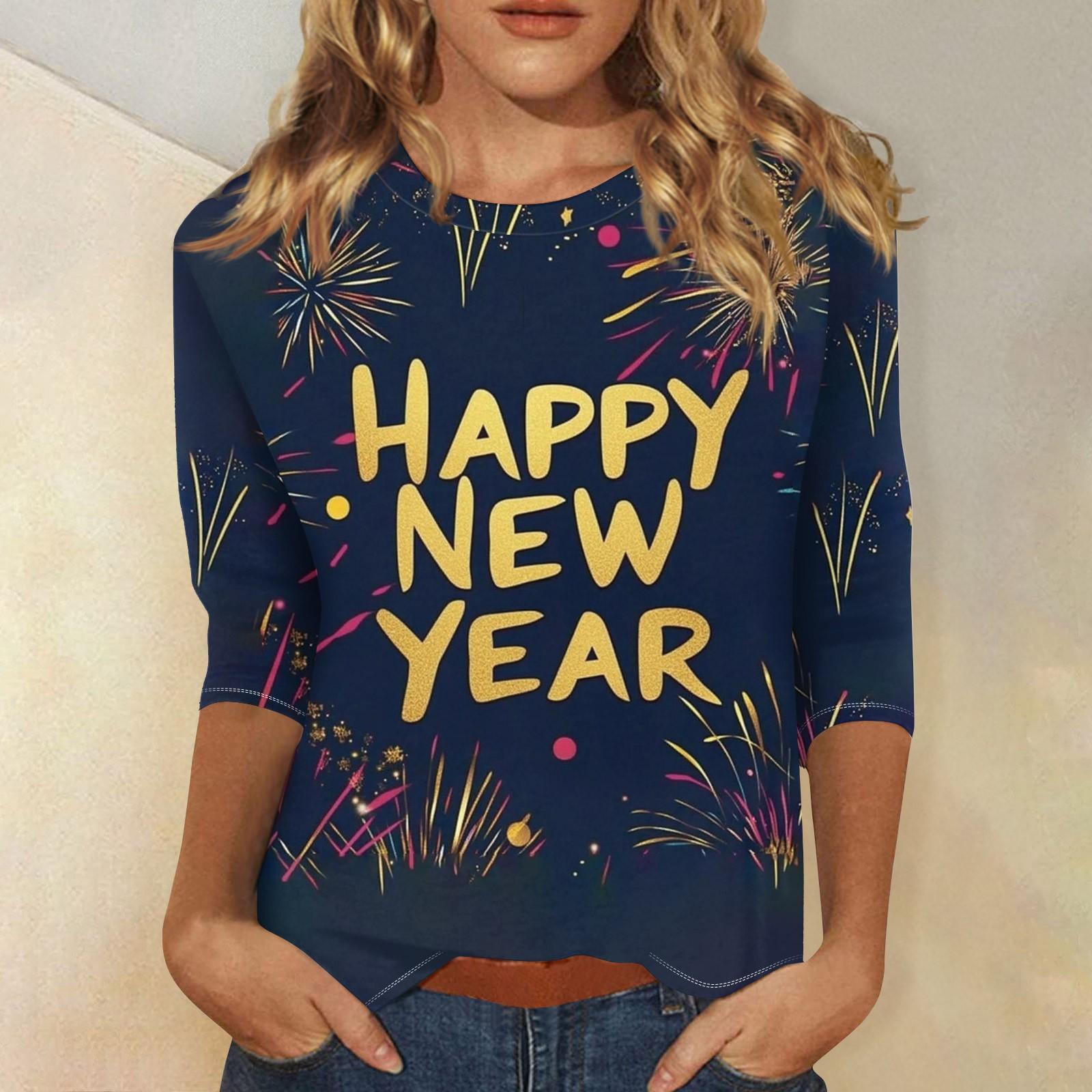 

Женская мода повседневная новогодняя принтованная круглая горловина с рукавом три четверти топ Новый год 2025 L чёрный