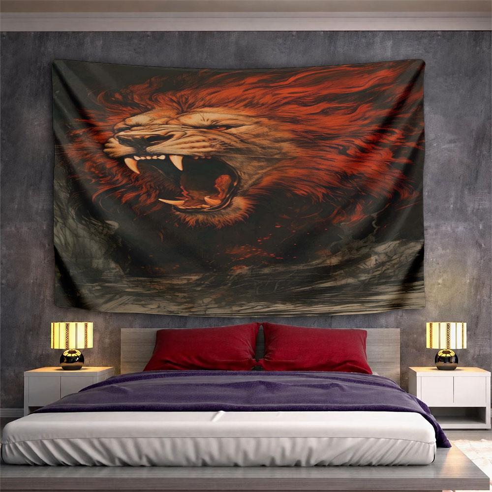 Fiery Roaring Lion Illustration Pattern Wall Hanging Tapestry Decorative Tapestry Home Decor for Bedroom and Living Room