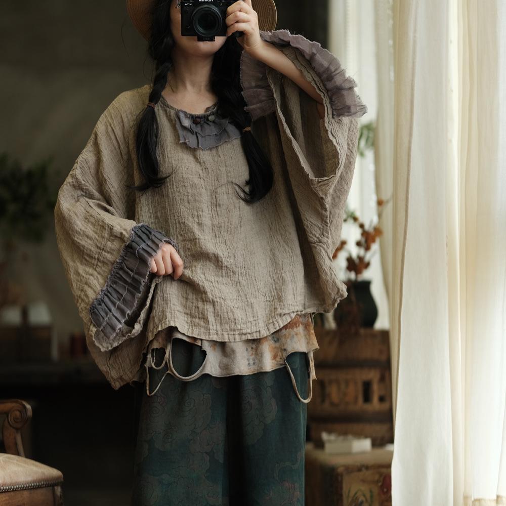 Johnature Vintage Women Patchwork T-Shirts O-Neck Long Sleeve Autumn Loose Chinese Style Female T-Shirts