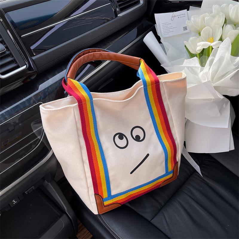 Large Capacity Canvas Tote Bag Cute Smiley Face Print Fresh And Sweet Style