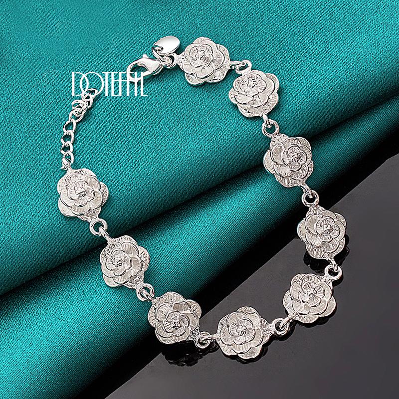DOTEFFIL 925 Silber Volle Rose Blume Kette Armband für Frauen Hochzeit Verlobungsparty Mode Charme Schmuck