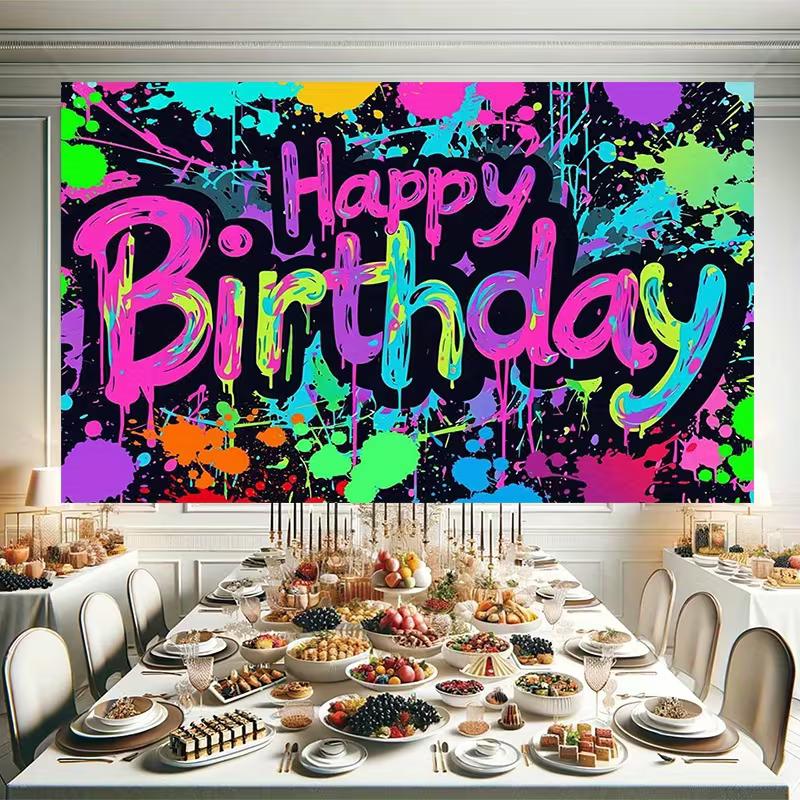 2D Colorful Graffiti Happy Birthday Backdrop Neon Paint Splatter Party Decoration Banner
