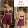 Sexy pajamas deep V gathering plus steel rim chest pad sweet mesh ice silk nightdress robe set