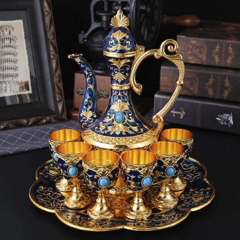 European Wine Set, Alloy Home Wine Pot Wine Glass Set, Exquisite Vintage Wine Glass, Wine Pot Home Living Room Decoration, 1Set