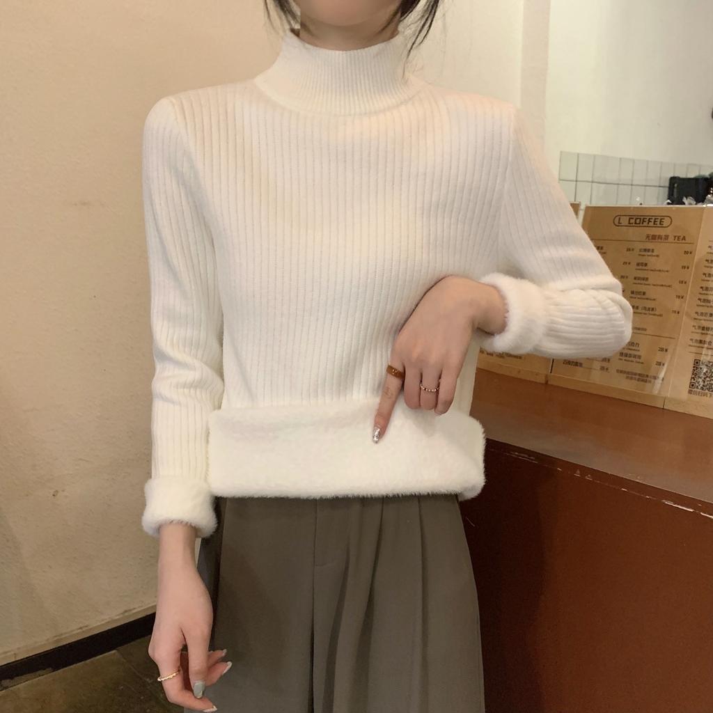 Winter Thickened Integrated Fleece Semi-turtleneck Sweater Women's Simple Pit Strip with Knitted Top Solid Color Bottoming Shirt