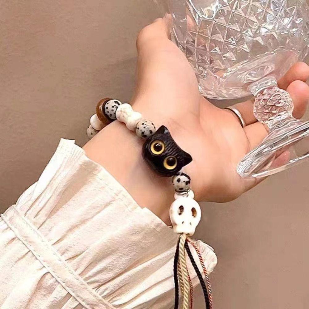 Skull Cat Handmade Bead Bracelet Ceramics Bead Cartoon Hand Ring Vintage Black Cat Bracelet  Women