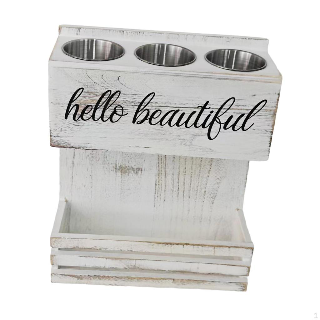 Holder Wall Organizer Storage Shelf Hair Accessories Wooden Tray Three Stainless Steel Cups And