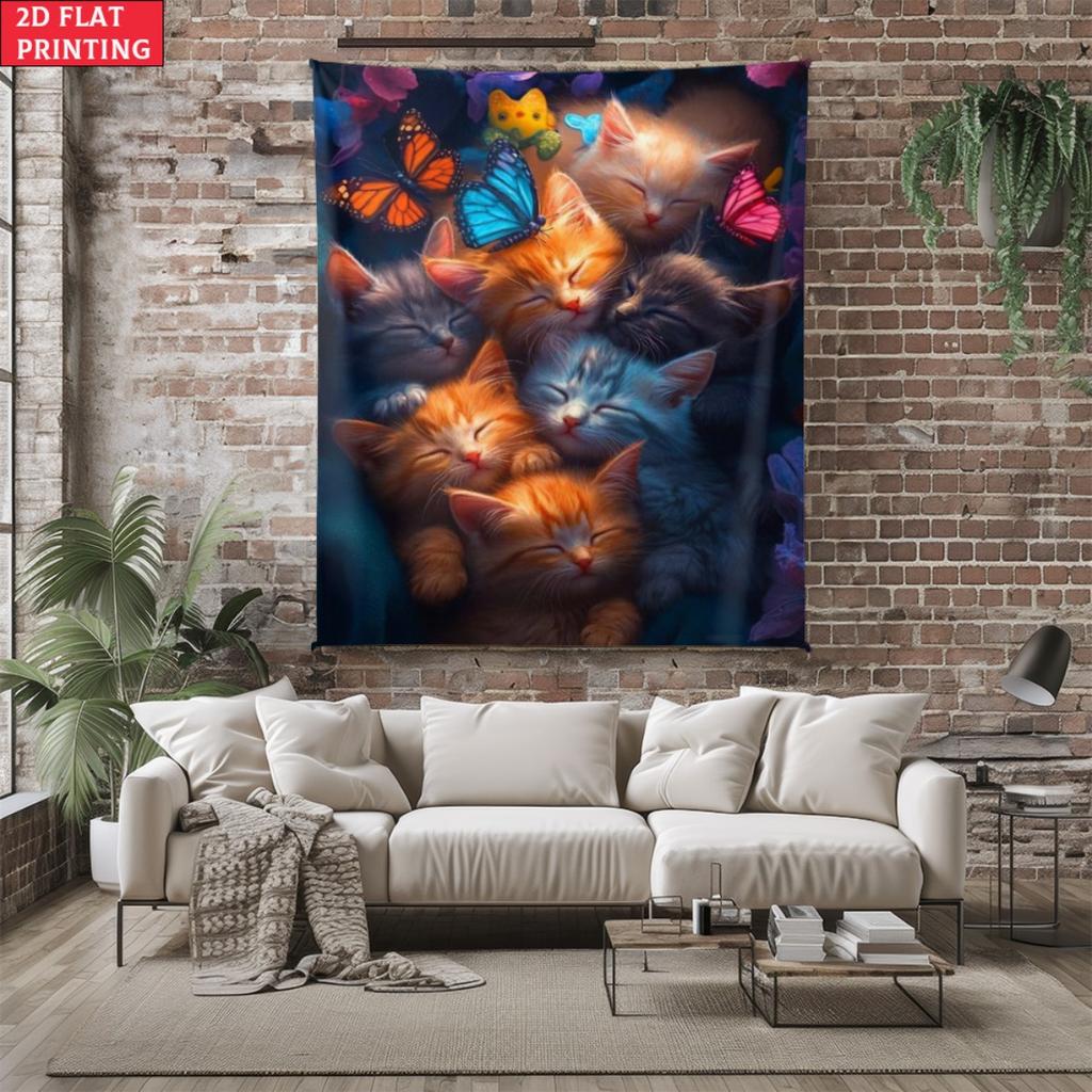 Cute Sleeping Kittens Tapestry Colorful Butterflies Cat Wall Hanging Aesthetic Nursery Room Decor Extra large size