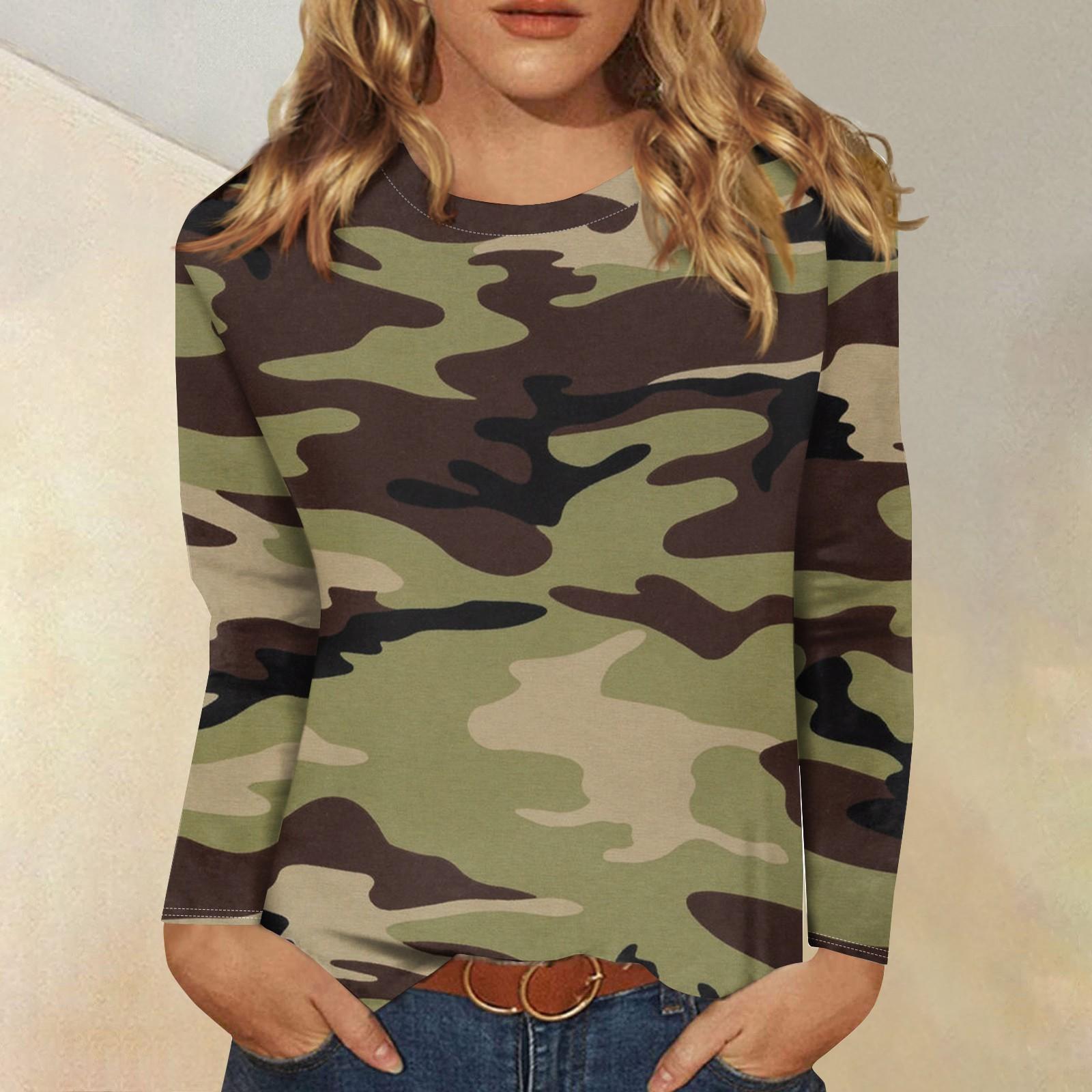 

Женская модная повседневная футболка с длинным рукавом и круглым вырезом с камуфляжным принтом XXL