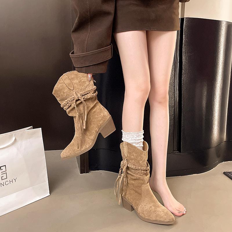 Inner heightening Wasteland Wind Martin Boots Women's 2025 New Folded Stacking Boots Tassel Coarse Heel Medium Cowboy Boots