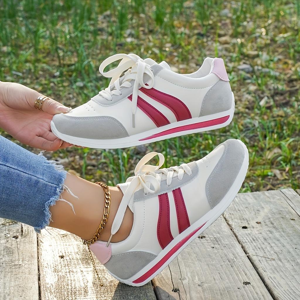 Ladies' Fashionable Contrasting Sports Shoes, Lightweight EVA Sole Skateboard Shoes, All Season Low Cut Lace Up Casual Shoes, Flat Head